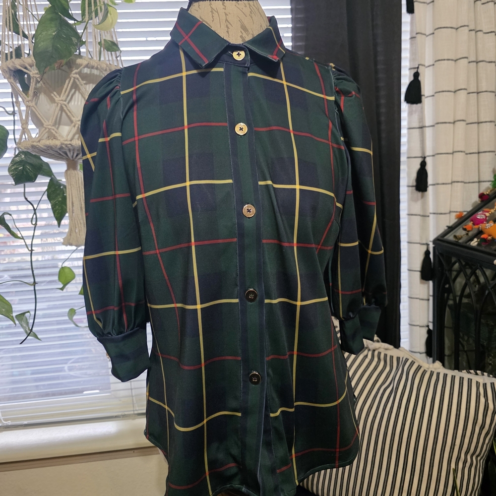 Gretchen Scott Designs Navy Plaid Button Down Short Sleeve Shirt